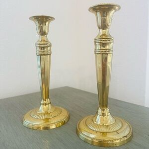 Detailed pair of Vintage brass candlestick holders romantic contemporary dining